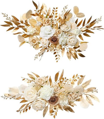 Kunstboeket Bruiloft - Decoratie Bloemen - Bruiloft Versieren - Handgemaakt Zijdeontwerp - 56 x 34 cm - Champagne