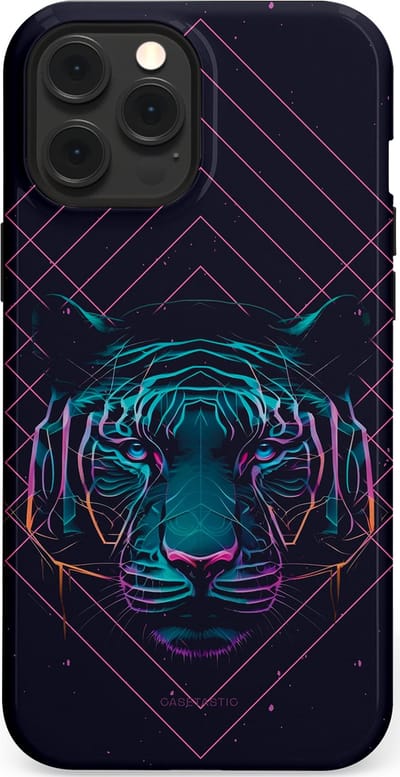 Casetastic hoesje geschikt voor Apple iPhone 12 Pro Max - MagSafe - Dubbellaagse bescherming - Neon Tijger - Fashion Case - Donkerblauw