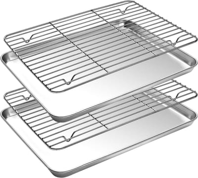 Set van 2 stuks - Kleine bakplaat met rooster - RVS bakvorm - Ovenbakplaat - 23,5 x 17,5 x 2,5 cm - Zilver
