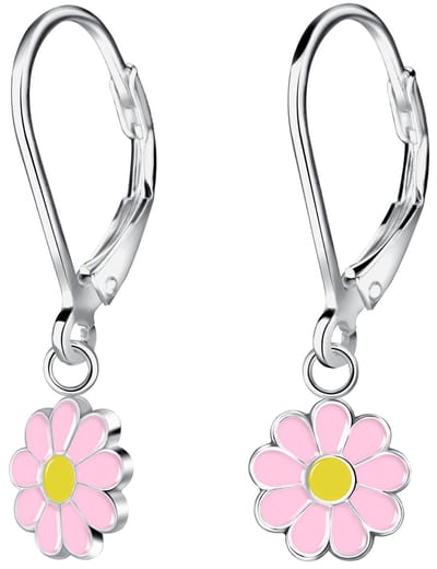 Joy|S - Zilveren madelief bloem bedel oorbellen - roze geel - rhodium / gehodineerd - leverback sluiting