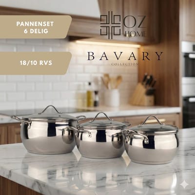 OZ Home Bavary Apple Pannenset – 6-delig – 18/10 RVS – Inductiegeschikt – Met Glazen Deksel – Ruimtebesparend