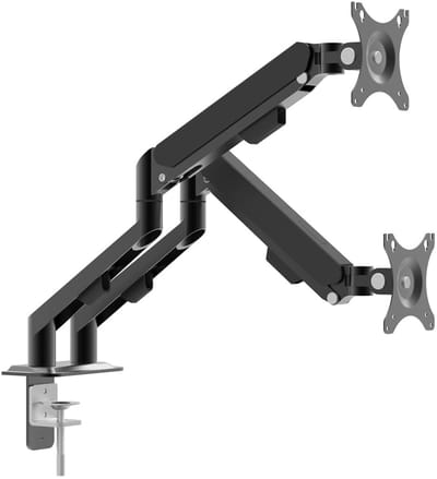 Dubbele Monitorarm Bureaubeugel – Telescopisch – Voor 2 Monitoren Tot 32 Inch – VESA 75x75 En 100x100 – Draaibaar En Verstelbaar – Zwart Aluminium En Staal – Max 10 Kg Per Arm – 45 Cm - 1 Stuks [39684B]