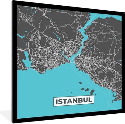 Fotolijst incl. Poster - Istanbul - Blauw - Kaart - Stadskaart - Plattegrond - 40x40 cm - Posterlijst