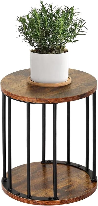 Ronde metalen plantensteun 35 cm, stevige en robuuste bloemensteun voor woonkamer, tuin, balkon, houten bloemenkruk, vintage bruin en zwart
