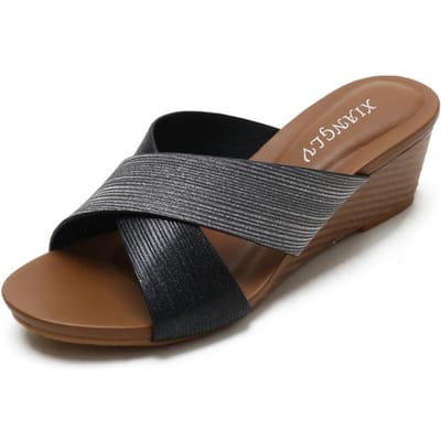 Grote Maten 36 -44 45 Dames Sleehakken Sandalen Slippers Middelhoge Hak X Kruisband Vrouwelijke Grote Maat Moderne Slippers Zomerschoenen Nieuw 42 zwart