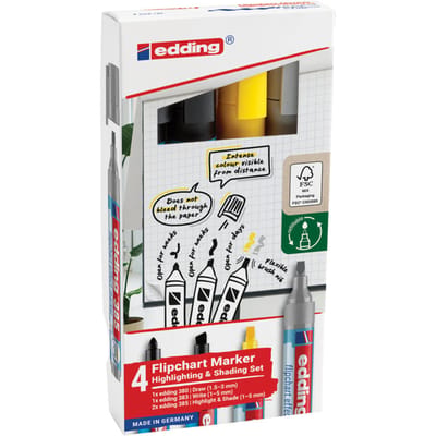 edding 385 markeerstiften en flipchart marker set - highlighter met flexibele punt + edding flipchart markers – zwart, grijs, geel - navulbaar - in handig bewaardoosje