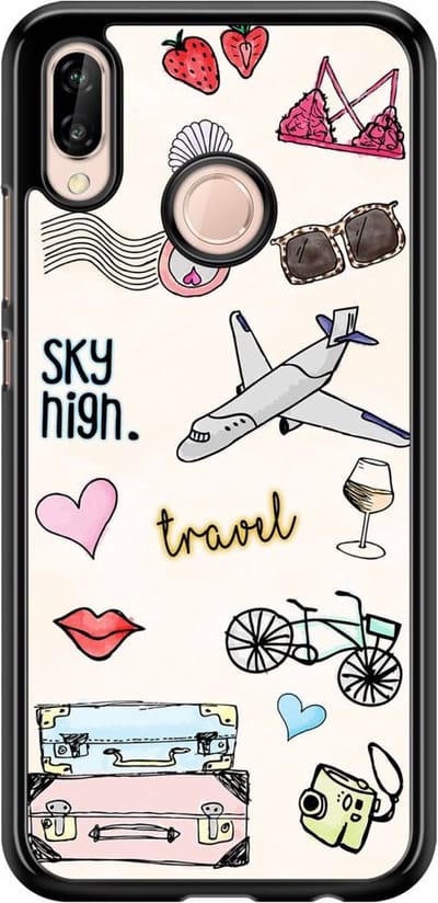 Casimoda® telefoonhoesje - Geschikt voor Huawei P20 Lite (2018) - Let's Travel - Zwart TPU hoesje - Backcover - Multi - Natuur