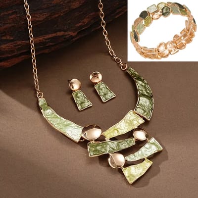 My Sweet Romance® 3-delige Dames Sieradenset – Gold & Sage – Ketting, Armband & Oorbellen.