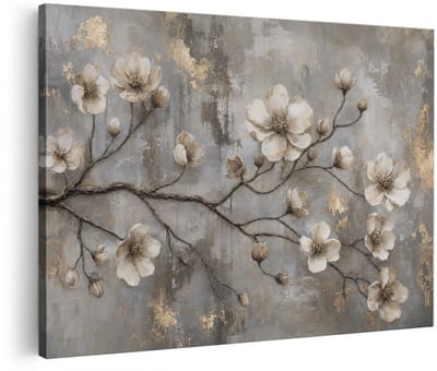 Artaza Canvas Schilderij Witte Bloemen Met Gouden Accenten - Abstract - 90x60 cm - Wanddecoratie Woonkamer - Schilderijen - Muurdecoratie