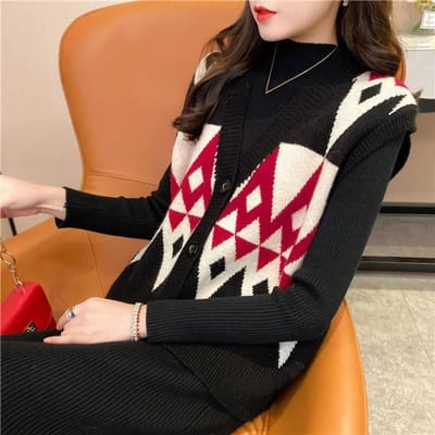 Lente en Herfst Luie Stijl Alles-passend V-hals Vest Mouwloos Kleurafstemming Losse Trui Ruit Draag Vest Gebreide Vest Vrouwen L