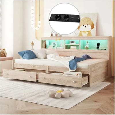 Merax Bed 90 x 200 cm met 2 lades, opbergplanken en 2 USB-aansluitingen - Spaanplaat - LED's - Naturel (zonder matras)