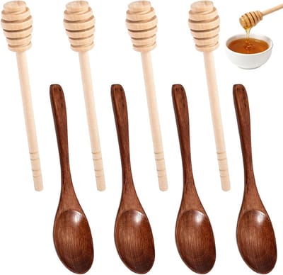 8-delige honinglepelset van hout voor honing, thee en desserts - perfect als cadeau, inclusief honinglepels en honingroerders