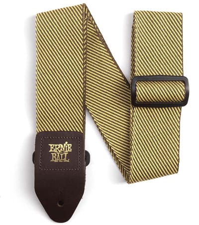 Ernie Ball Premium Tweed - Gitaarband - Vintage Tweed Design - Bruine Lederen Uiteinden - Goud EB Logo - Verstelbaar 104-183cm