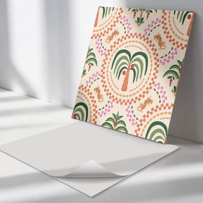 Wallfluent Vinyl Tegels - Tropisch Plantenpatroon Zelfklevende Vinyl Tegels - 30 cm x 30 cm - Romig Vinyl Tegels - Set van 9 - Vierkant PVC Tegels - Bloemen en Planten Plaktegels - Vinyl Wandtegels - Plaktegels Keuken en Badkamer
