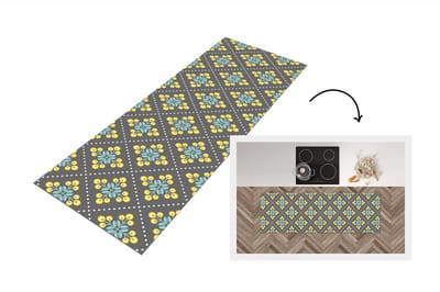 Keukenloper 150x50 cm - Keukenmat vinyl Design - Ruit - Bloemen - Grijs - Keukenmatten loper - Keuken vloerkleed tapijt