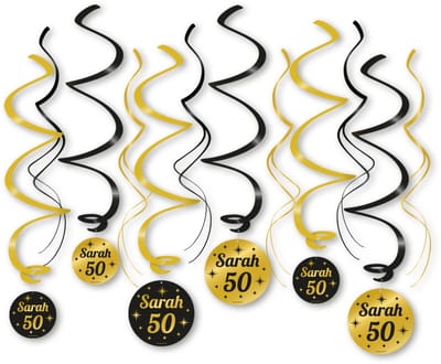 LUQ – Swirls Sarah 50 Jaar – Zwart-Goud – Luxe Hangdecoratie – Vijftig Sarah – Birthday Slingers Versiering – 12 Stuks