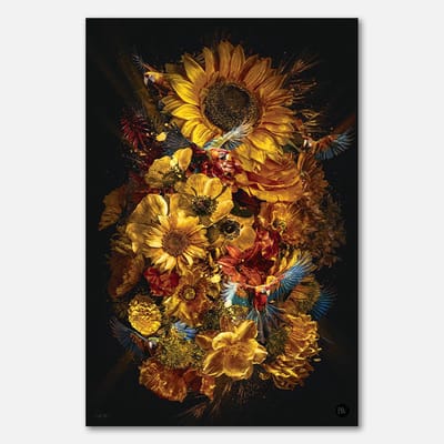 Schilderij op plexiglas - 80 x 120 cm - Papegaaien en zonnebloemen met donkere achtergrond - PosterJunkie