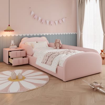 HAUSS SPOLE Kinderbed 90x200 cm - Gestoffeerd Bed Met Berenhoofdbord en Nachtkastje - Zonder Matras - Met Opberglade - PU - Roze