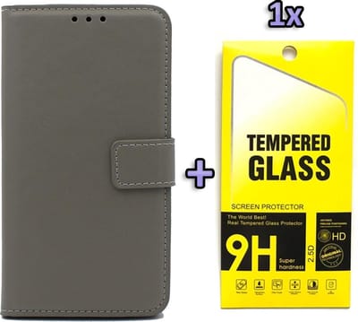 HB Hoesje Geschikt voor Apple iPhone SE (2020) Grijs - Portemonnee Book Case & Glazen Screen Protector
