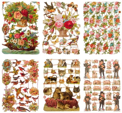 Poëzieplaatjes - 6 vellen - plaatjes - hobby - creatief - decoupage - knutselen - scrapboek - met Rozen - Poezen - Varkentjes