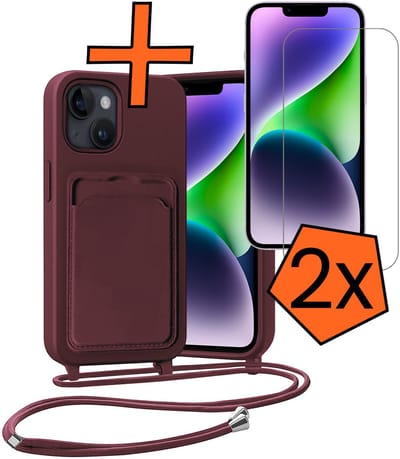 Hoesje Geschikt voor iPhone 13 Hoesje Met Telefoonketting Pasjeshouder Case Met 2x Screenprotector Koord - Hoesje Geschikt voor iPhone 13 Hoes Met Kaarthouder - Aubergine