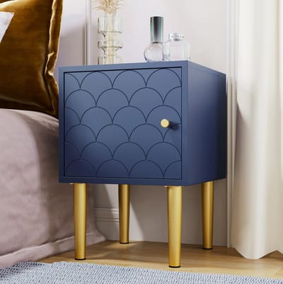 HAUSS SPOLE Nachtkastje - Met Schubmotief Deur En Magnetische Sluiting - Voor Slaapkamer En Woonkamer - Hout En Metaal - 35x35x51 Cm - Marineblauw