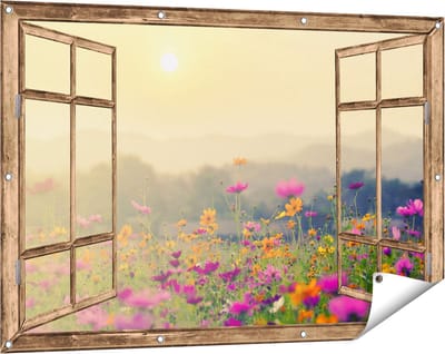 Gards Tuinposter Doorkijk Bloemenveld met Kosmos - Zonsondergang - 120x80 cm - Tuindoek - Tuindecoratie - Wanddecoratie buiten - Tuinschilderij