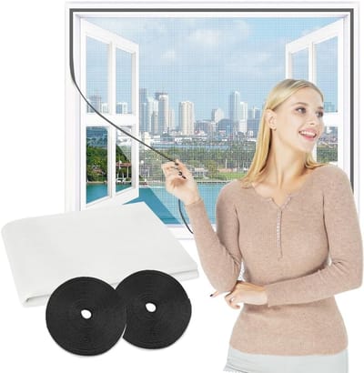 Vliegenscherm voor ramen, vlamvertragend glasvezel, 130 x 150 cm, snijbaar, insectennet, muggenwerend, eenvoudig te installeren zonder boren, inclusief klittenbandrollen