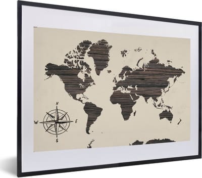 Poster in lijst - Fotolijst 60x40 cm - Posters - Wereldkaart - Hout - Kompasroos - Posterlijst zwart - Decoratie - Wanddecoratie woonkamer - Muurdecoratie slaapkamer