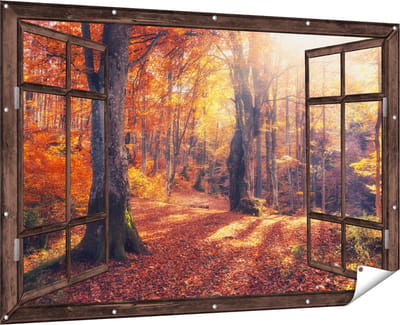 Gards Tuinposter Doorkijk Oranje Herfstbos met Zonneschijn - 180x120 cm - Tuindoek - Tuindecoratie - Wanddecoratie buiten - Tuinschilderij