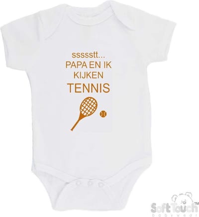 100% katoenen Romper "ssssstt... Papa en ik kijken tennis" Unisex Katoen Wit/tan Maat 56/62