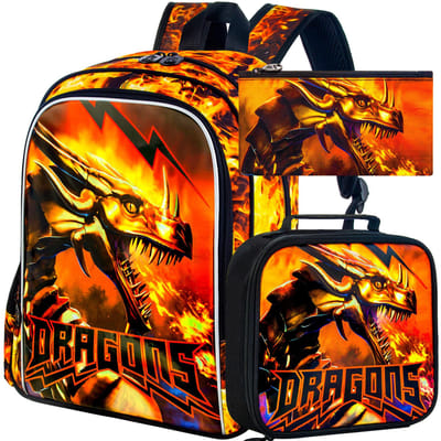 3 Stuks Jongens Rugzak, 16  Jongens Schooltas voor Basisschool Kleuterschool Peuterschool, Kinder Draak Rugzakken met Lunchbox(Oranje) orange