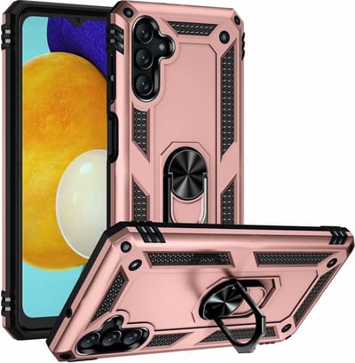 Casemania Hoesje Geschikt voor Samsung Galaxy M23 Roségoud & 2X Glazen Screenprotector - Anti-Shock Hybrid Armor Back Cover - Hoes met Kickstand Ring