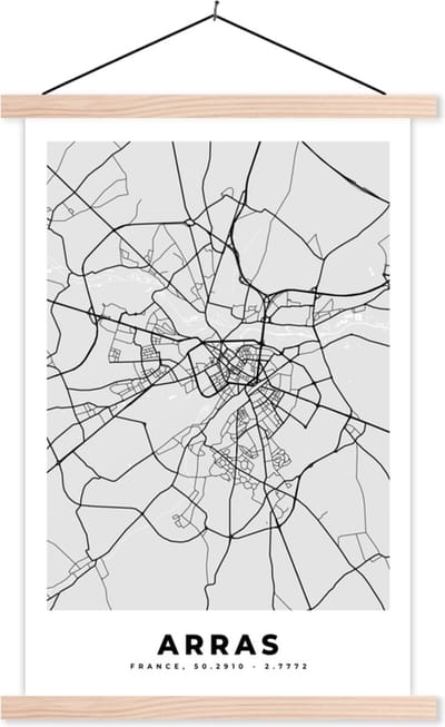 Posterhanger incl. Poster 40x60 cm - Schoolplaat - Stadskaart - Frankrijk - Kaart - Arras - Plattegrond - Textielposter - Blanke latten - Stadskaart