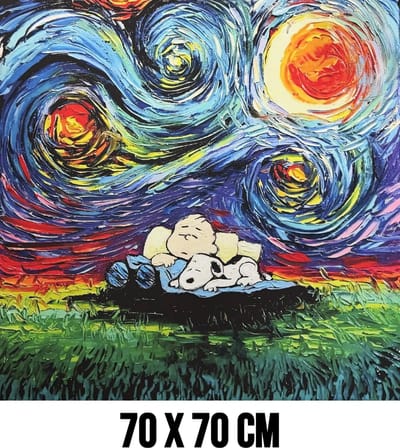 Allernieuwste.nl® Canvas Schilderij Sterrennacht met Cartoon Hond & Jongen - 70x70 cm – Kunst Muurdecoratie – Wanddecoratie