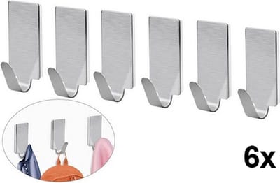 RVS haken 6x met plakstrip voor handdoek hanger haak 3.4x1.5cm Roestvaststaal / HaverCo