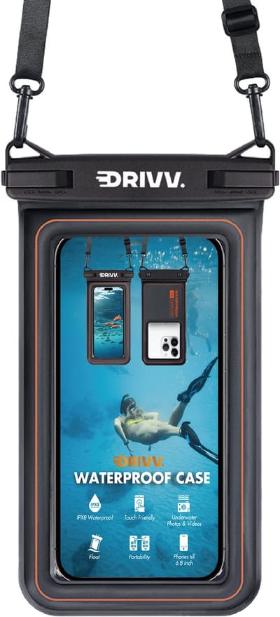 Drivv. Luxe Waterdicht Telefoonhoesje – Drijvend - Dubbele Klipsluiting - Telefoons tot 6.8 inch – Onderwater Hoesje Telefoon - Zwart