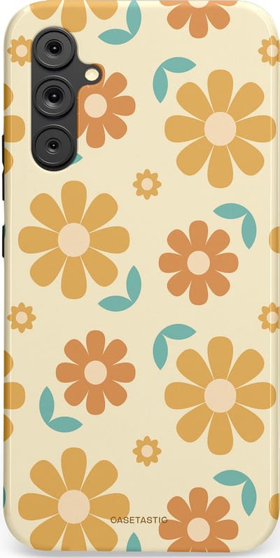 Casetastic hoesje geschikt voor Samsung Galaxy A34 (2023) 5G - Dubbellaagse bescherming - Flower power Retro Bloemen - Geel - Oranje - Blauw - Fashion Case - Crème Goud Perzik
