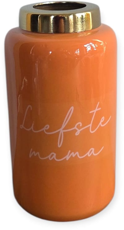 Daan Kromhout - Vaasje - Bloemenvaas - Metaal - Liefste Mama - Tekst - Oranje - 9x16x9cm