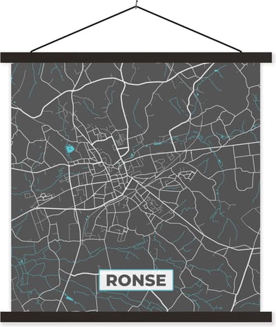 Posterhanger incl. Poster 60x60 cm - Schoolplaat - België – Ronse – Stadskaart – Kaart – Blauw – Plattegrond - Textielposter - Zwarte latten - Stadskaart