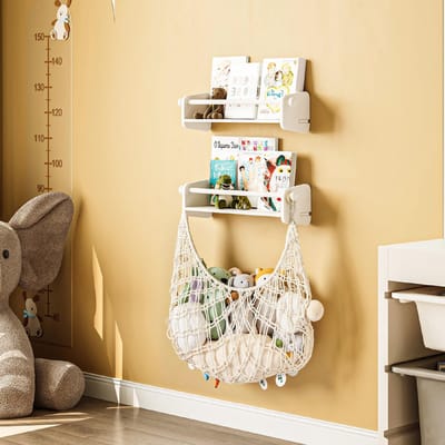 Unyqoos® Stijlvolle en Praktische Montessori Wandboekenkast met Opbergnet voor Kinderkamers, 3-Delige Set