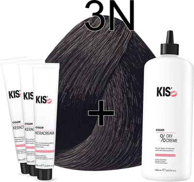 Kis KeraCream Color - 100ml - Haarverf Set - 3N Donkerbruin | KIS - (3 x haarverf & 1L waterstofperoxide)