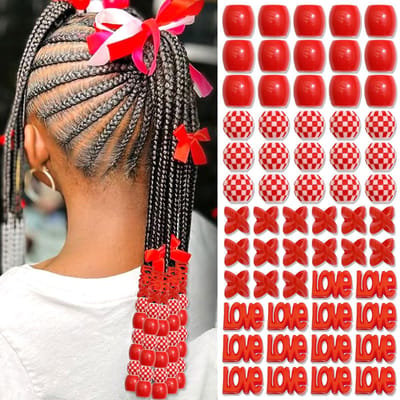 60 stuks haarparels kinderen meisjes bonte vlechtparels rood X-rond-LOVE-mixvorm met insteekhulp