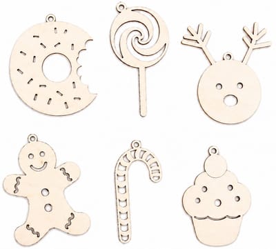 Houten kerstversiering - Wooden Christmas decoration | Snoepjes ø 9cm Sweets (6 st) | Licht hout - Natural wood | Kerstboomhanger - Christmas tree hangers - Lolly, Peperkoeken Man, Cupcake, Rendier, Donut, Candy Cane - Kerstboomdecoratie