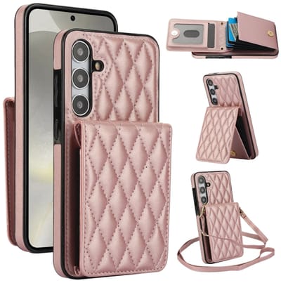 Voor Samsung Galaxy S24+ 5G YM015 Crossbody Rhombic Kaarttas RFID Telefoonhoesje (Rose Goud)