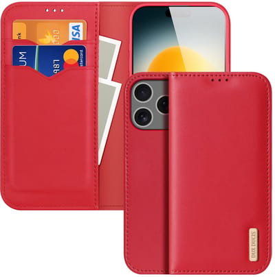 Dux Ducis Hoesje - Geschikt voor iPhone 17 Pro Hoesje - Dux Ducis Hivo - Genuine Leather Book Case - Rood