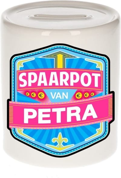 Bellatio Decorations Kinder spaarpot met naam - Petra - keramiek - met dop - wit - Sparen - Spaargeld van Petra