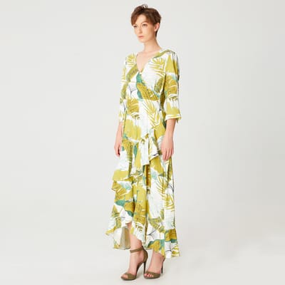 Tropische print frisse midi -jurk met kruisbuste