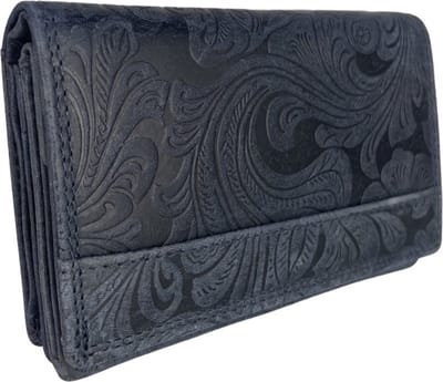 Portemonnee - Donkerblauw - Leer - Bloemen Print - RFID - Anti Skim - Met klepje voor muntgeld - Portemonnee Dames - Bakje