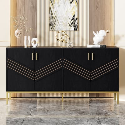 Sideboard - 160x40x80,5 cm zwart/goud - geometrisch patroon - metalen poten & handgrepen - verstelbare planken